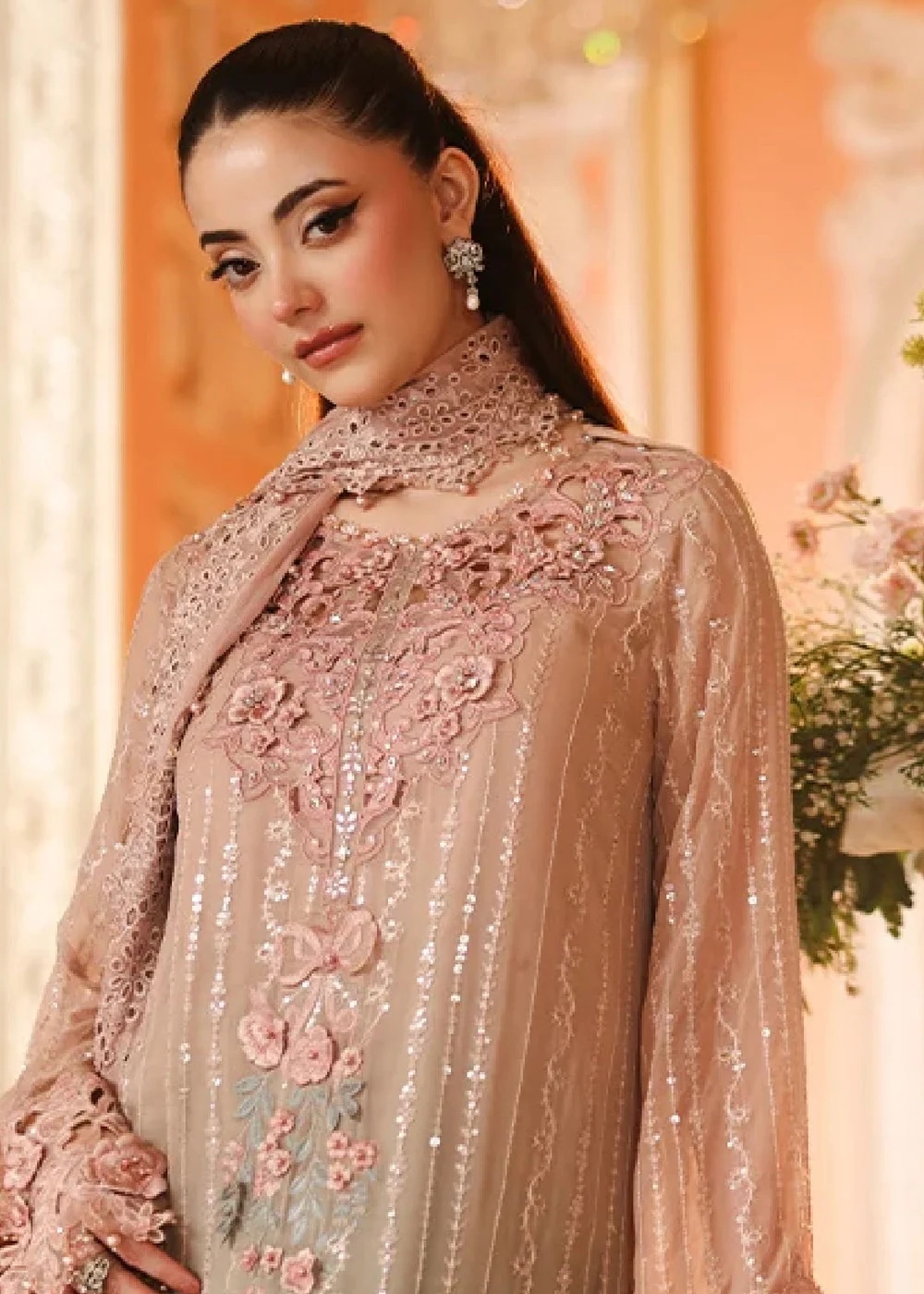 Maria.B gray pink pakistani fashion outfit in pink, grey tones.